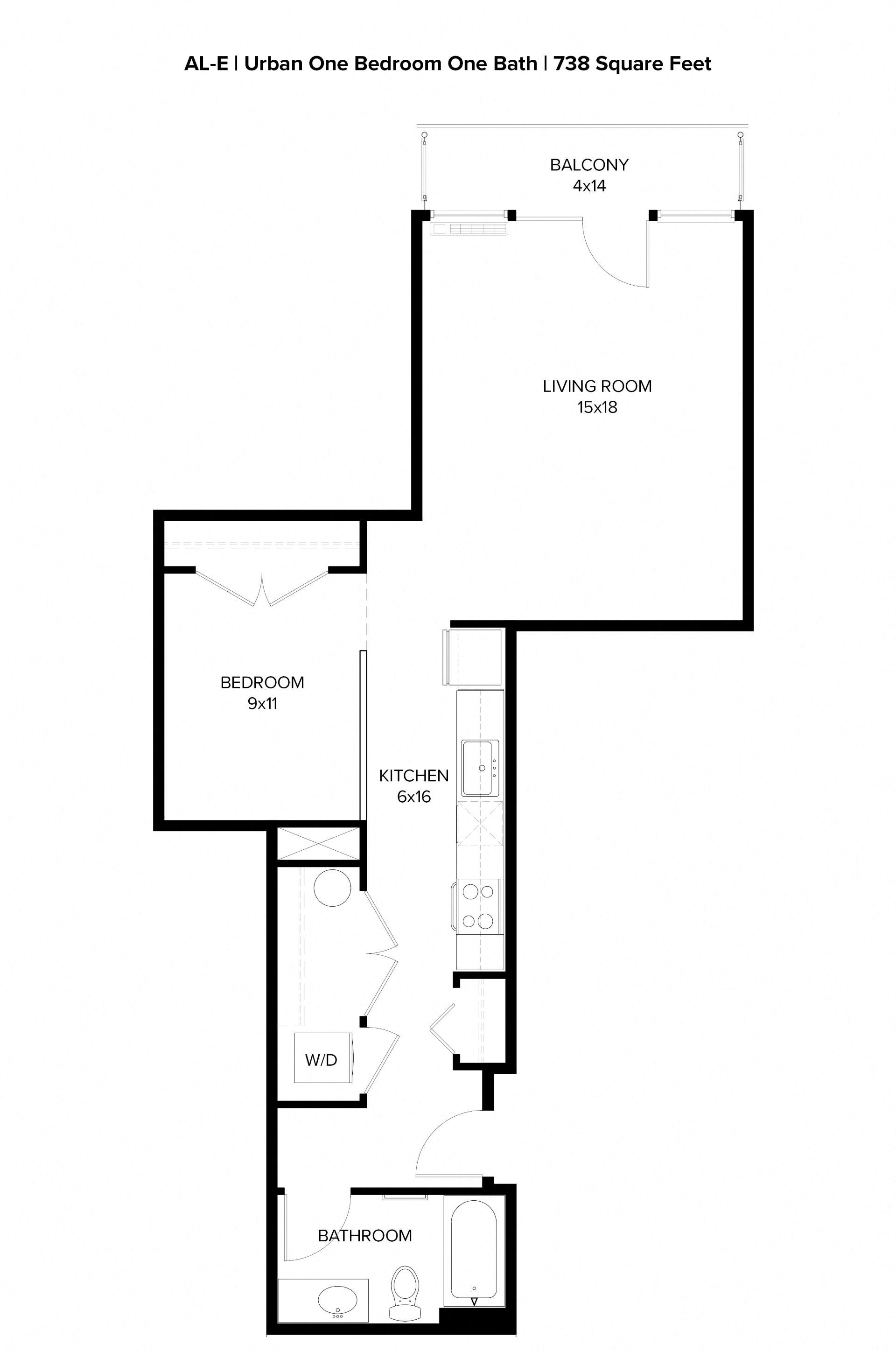 Floor plan for 1 bed, 1 bath, 738 sqft